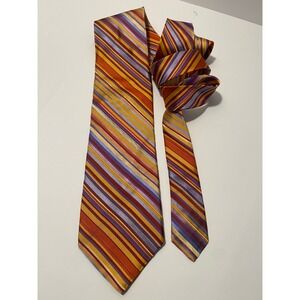Ted Baker London Mens Silk Necktie Orange Purple Gold Color Stripe Wide Tie